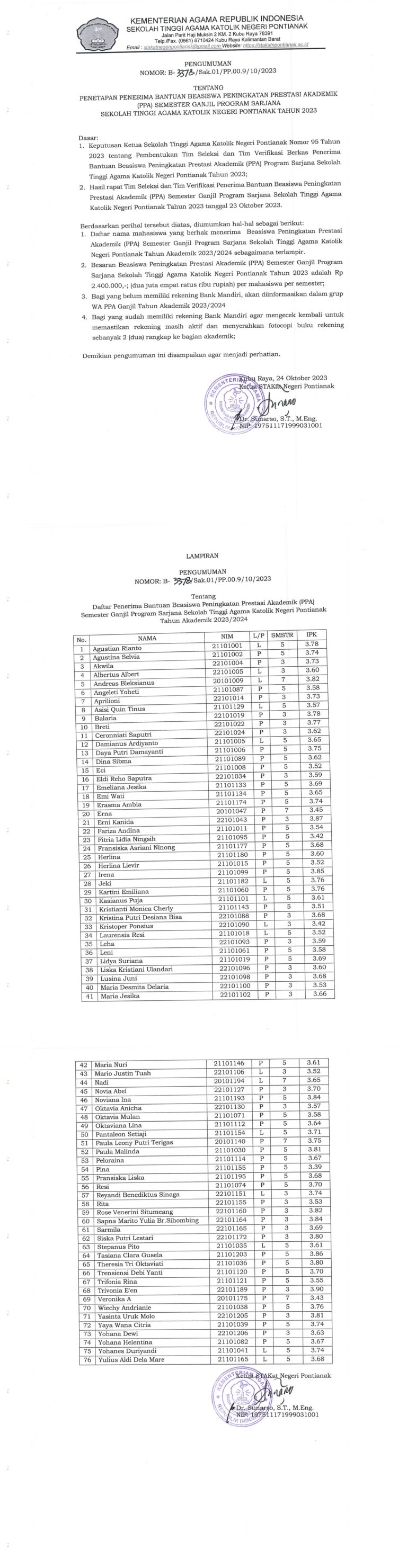 PENGUMUMAN HASIL SELEKSI PENERIMA BANTUAN BEASISWA PENINGKATAN PRESTASI AKADEMIK PROGRAM SARJANA PERIODE AKADEMIK GANJIL 2023